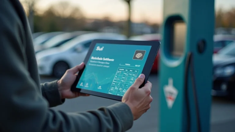 Technician at an EV charger reviews a tablet showing a Sui ledger and Walrus logo, illustrating on-chain settlements.