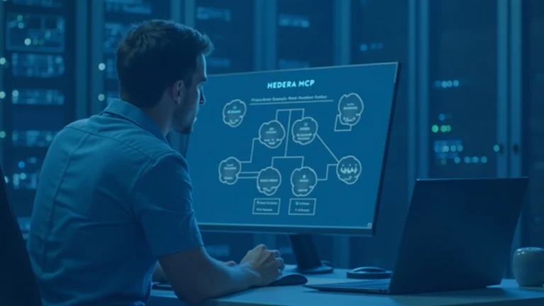 Cybersecurity engineer at a clean desk; monitor shows Hedera MCP endpoints diagram, Hedera logo in a blue data-center.