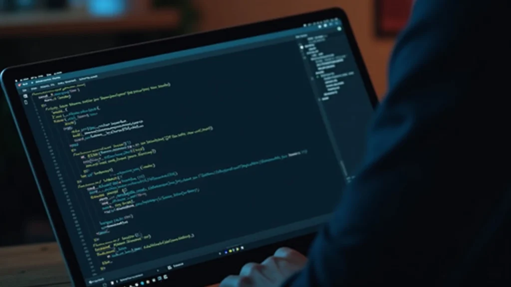 Developer at desk with laptop showing code and a warning that Injective SDK is compromised and stealing private keys.