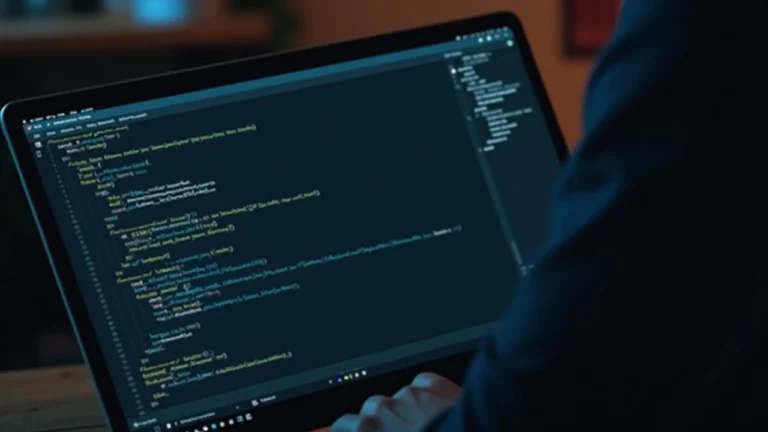 Developer at desk with laptop showing code and a warning that Injective SDK is compromised and stealing private keys.