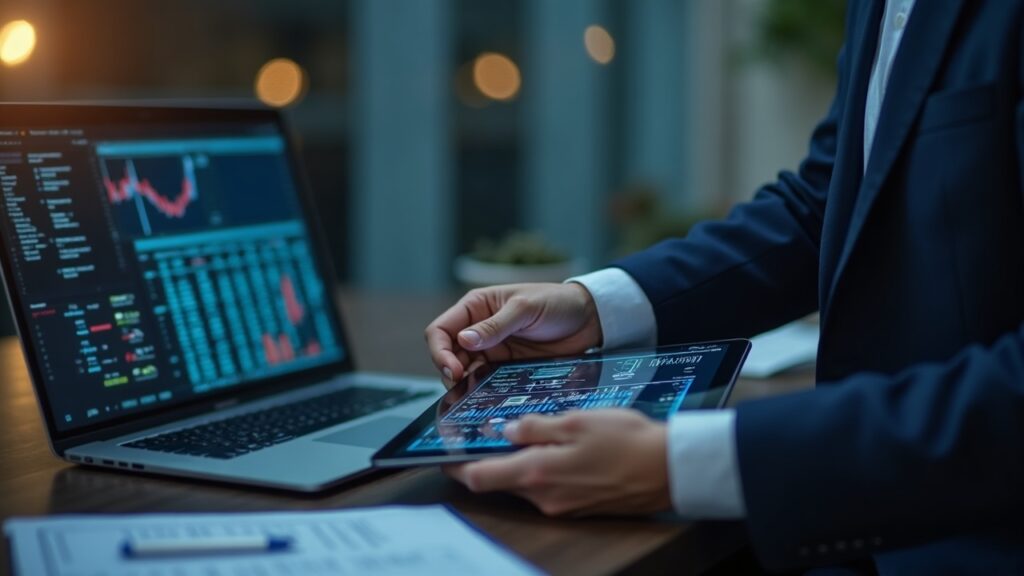 An Invesco professional in a suit reviews a tablet displaying a blockchain ledger, with SEC filings on the desk.