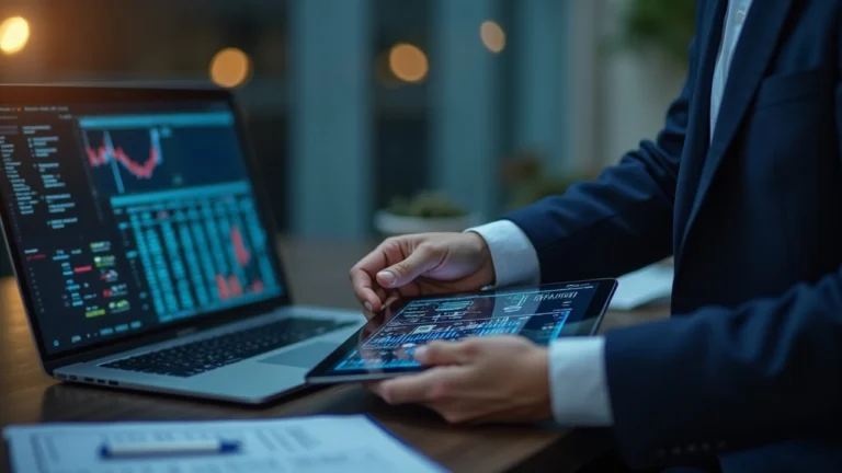 An Invesco professional in a suit reviews a tablet displaying a blockchain ledger, with SEC filings on the desk.