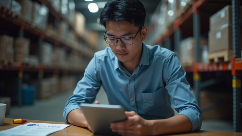 Editorial portrait of a Tokyo logistics manager at a desk, tablet displaying JPYC logo with blockchain icons, warehouse backdrop.