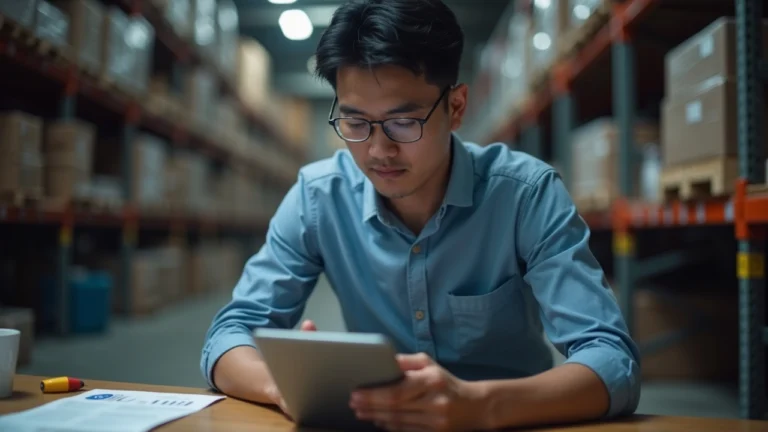 Editorial portrait of a Tokyo logistics manager at a desk, tablet displaying JPYC logo with blockchain icons, warehouse backdrop.