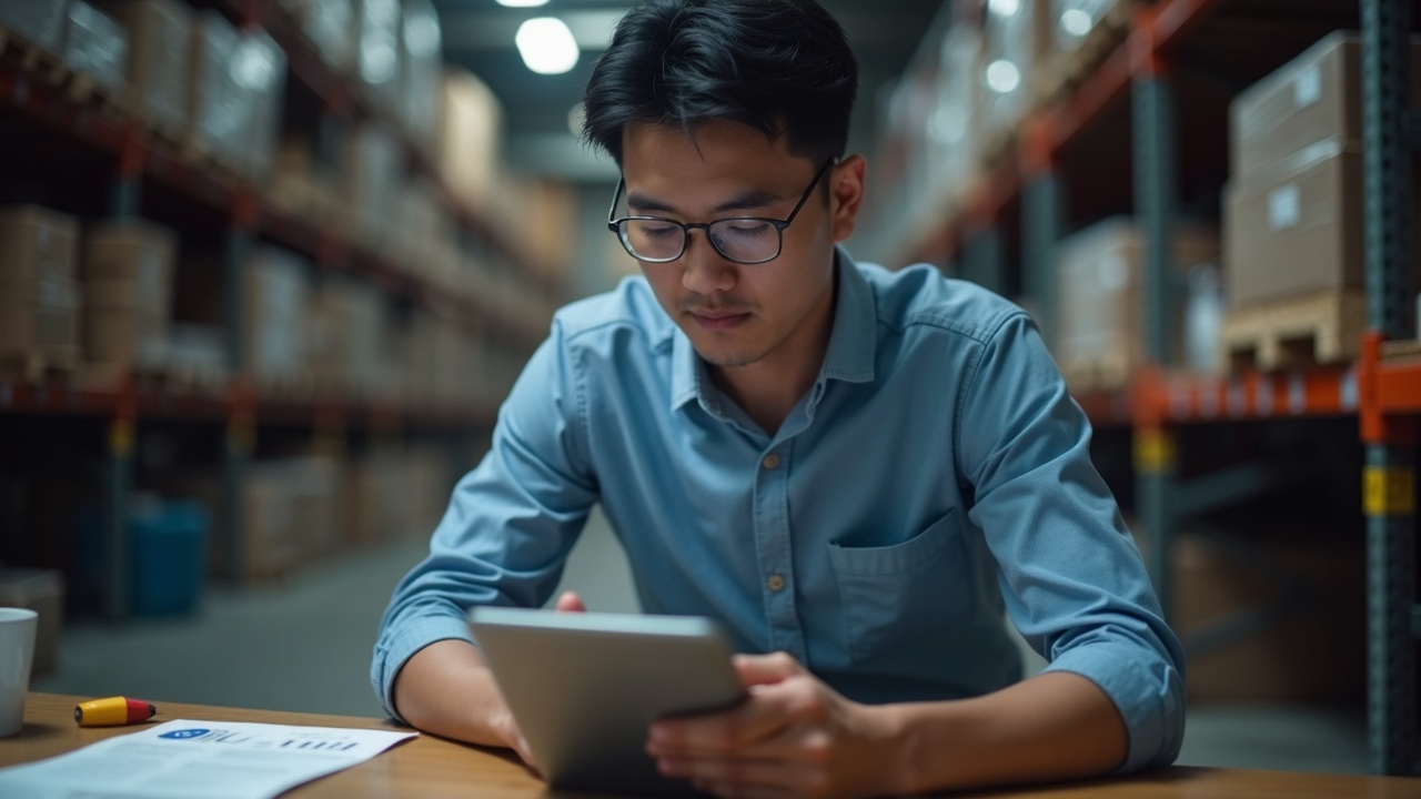 Editorial portrait of a Tokyo logistics manager at a desk, tablet displaying JPYC logo with blockchain icons, warehouse backdrop.
