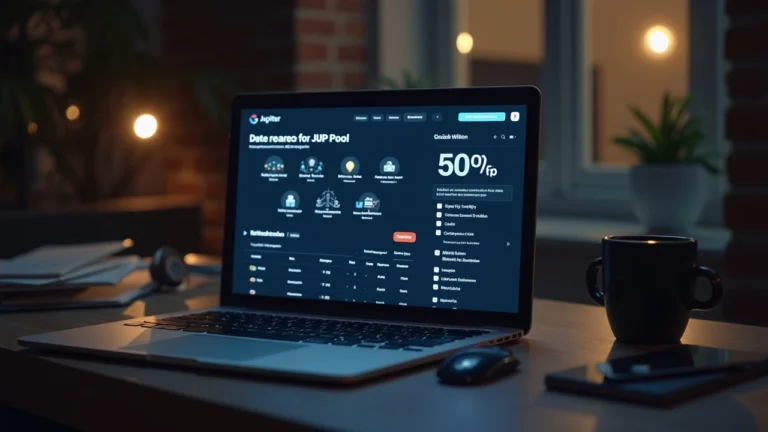 Desk scene with laptop displaying Jupiter rewards dashboard and governance voting interface showing a 50M JUP pool.