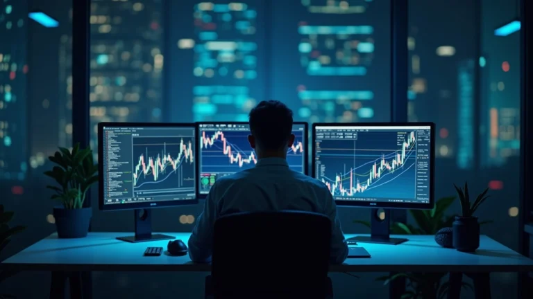 Institutional trader at a clean desk, monitoring multiple screens showing USDC/USDT and 24/7 settlement flow.