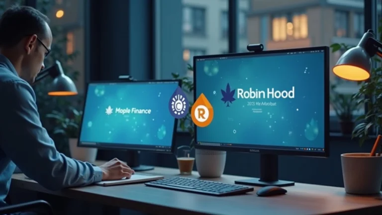 Desk with Maple Finance and Robinhood Chain logos; syrupUSDG and syrupUSDC tokens illustrate on-chain credit.