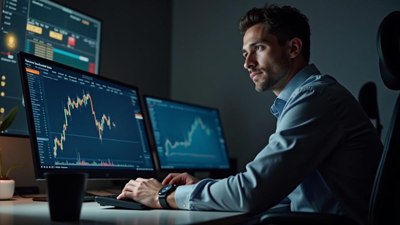 Editorial shot of a financial analyst at a desk; monitor shows MarsCoin listing on Binance Alpha with SPCX on BNB Chain.