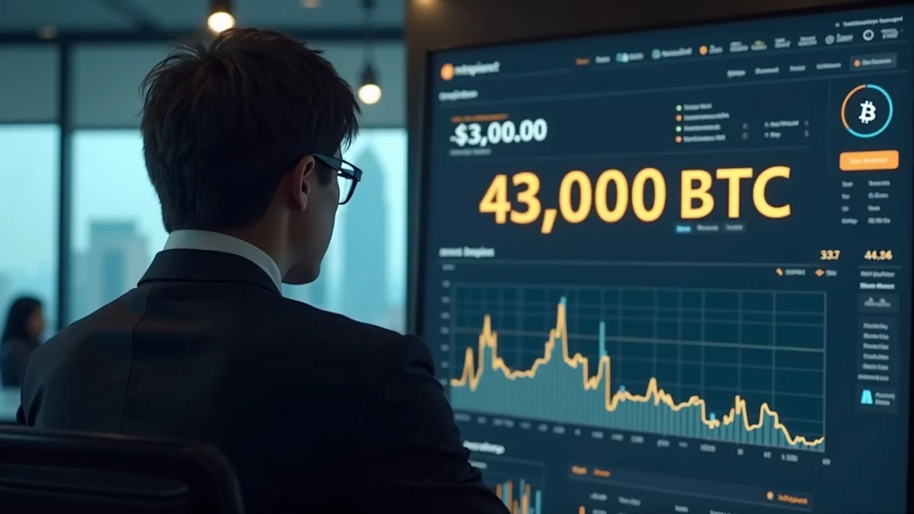 Suited executive in a Tokyo office with Bitcoin icons and a dashboard displaying 43,000 BTC.