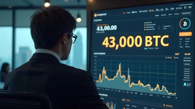 Suited executive in a Tokyo office with Bitcoin icons and a dashboard displaying 43,000 BTC.