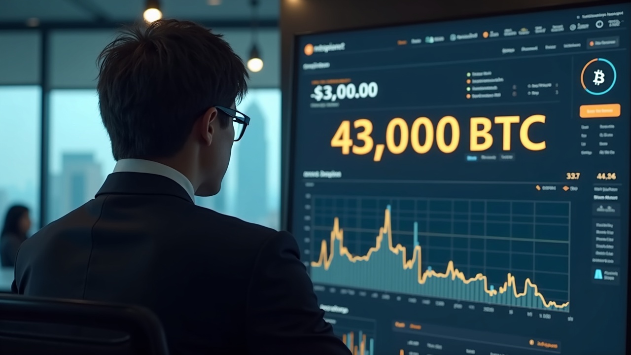 Suited executive in a Tokyo office with Bitcoin icons and a dashboard displaying 43,000 BTC.