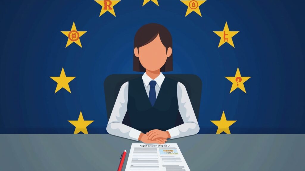 Editorial portrait of a European regulator at a desk with MiCA 2.0, stylized stablecoins, EU flag, overseeing non-EU issuers.