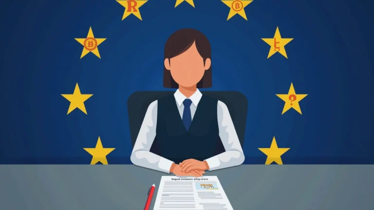 Editorial portrait of a European regulator at a desk with MiCA 2.0, stylized stablecoins, EU flag, overseeing non-EU issuers.