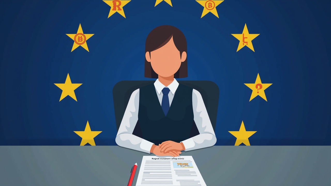 Editorial portrait of a European regulator at a desk with MiCA 2.0, stylized stablecoins, EU flag, overseeing non-EU issuers.