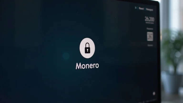 Monero wallet UI displayed on a monitor with a padlock and a QR code, symbolizing security fixes and stable interface