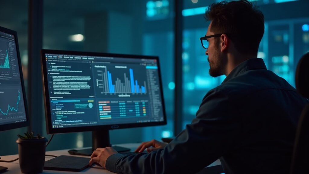 Analyst at a desk monitors a real-time threat dashboard with on-chain activity indicators and a subtle Stellar motif.