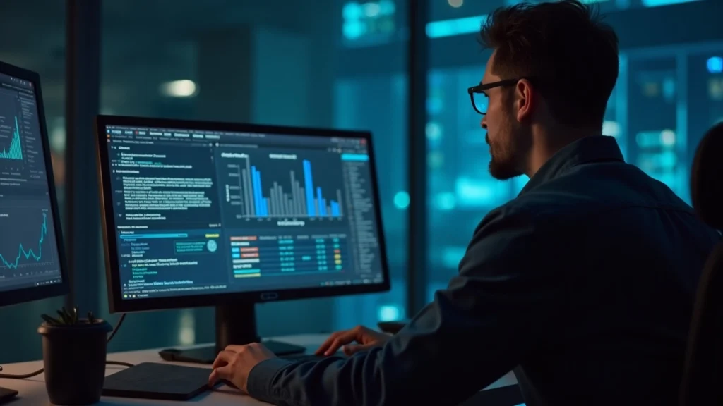 Analyst at a desk monitors a real-time threat dashboard with on-chain activity indicators and a subtle Stellar motif.