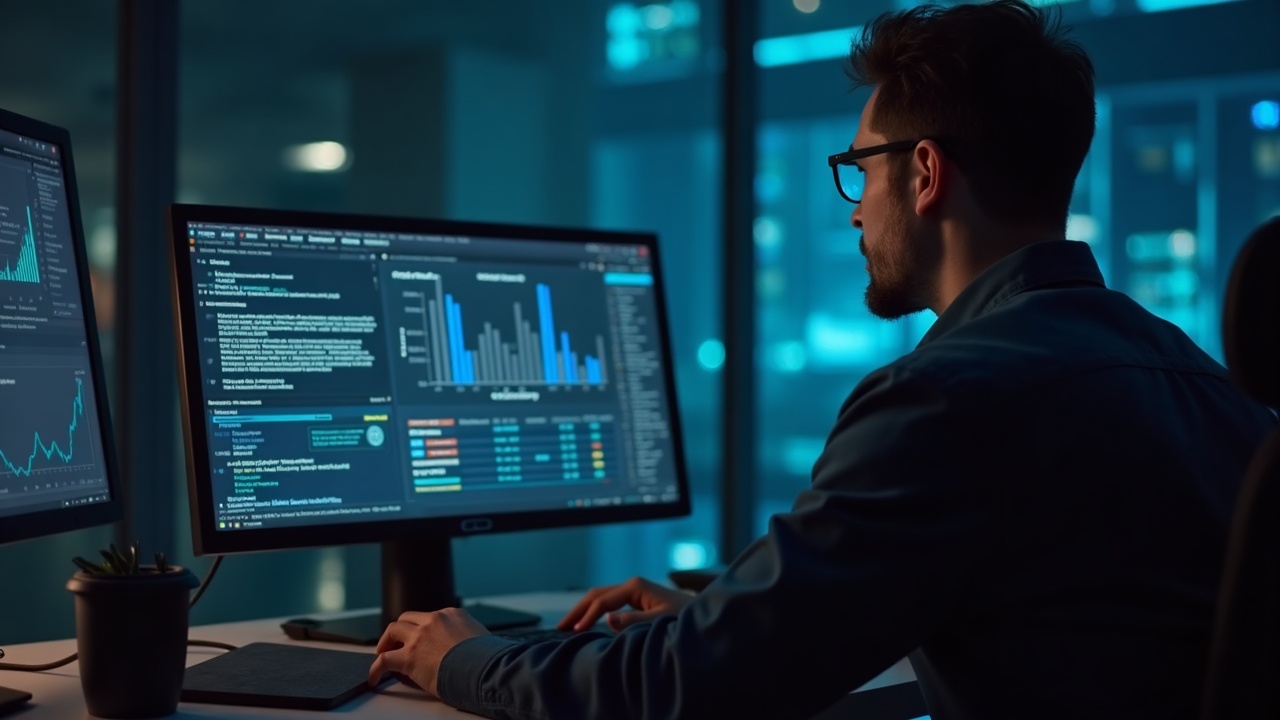 Analyst at a desk monitors a real-time threat dashboard with on-chain activity indicators and a subtle Stellar motif.