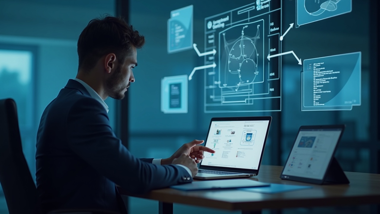Professional at a desk reviewing a crosschain diagram with a privacy shield, depicting NEAR Intents confidential execution.