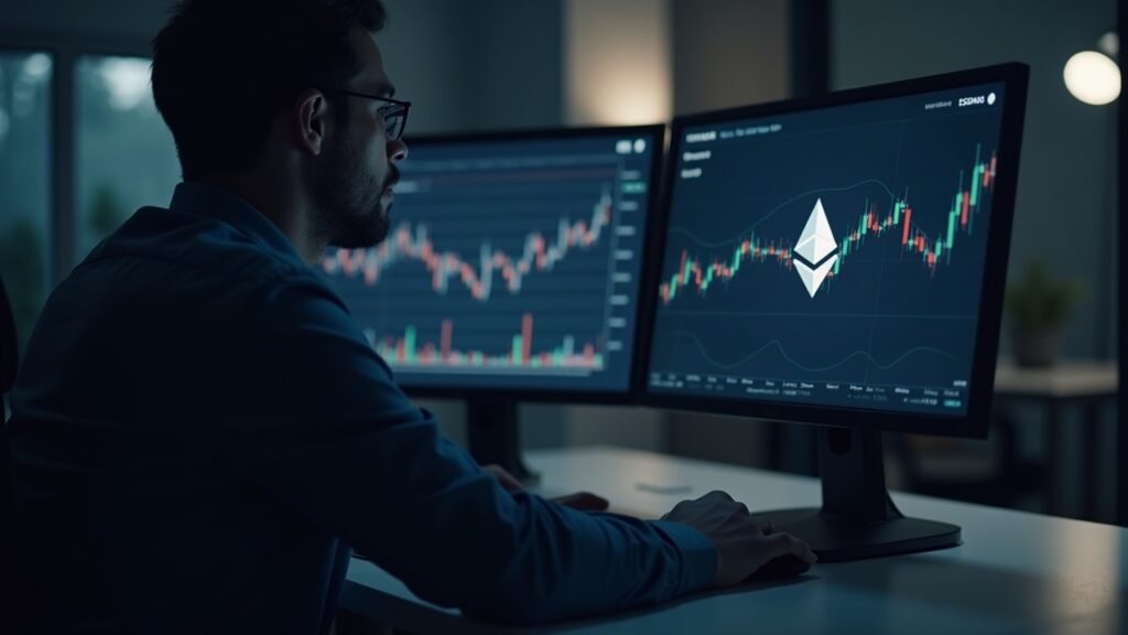 Analyst at desk with two monitors showing NFT thumbnails and rising charts; Ethereum and Solana logos on screen.