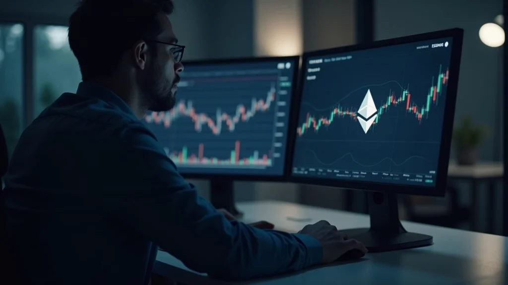Analyst at desk with two monitors showing NFT thumbnails and rising charts; Ethereum and Solana logos on screen.