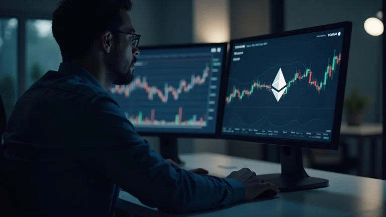 Analyst at desk with two monitors showing NFT thumbnails and rising charts; Ethereum and Solana logos on screen.
