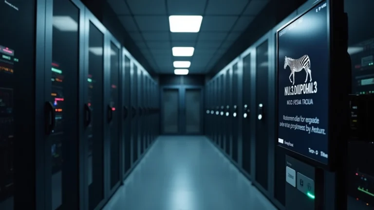 Newsroom-style data center with a single server rack and a monitor showing NU6.3 status, Zebra and Zakura.