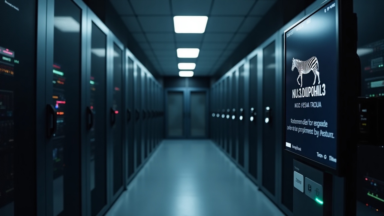 Newsroom-style data center with a single server rack and a monitor showing NU6.3 status, Zebra and Zakura.