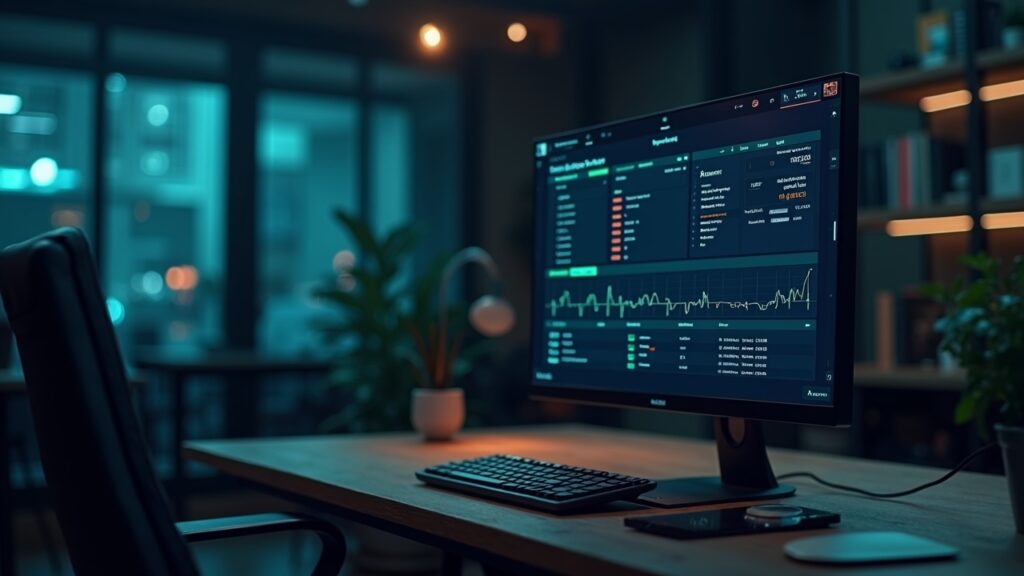 Newsroom desk with a monitor showing NFT minting and wallet-to-wallet swaps on Robinhood Chain