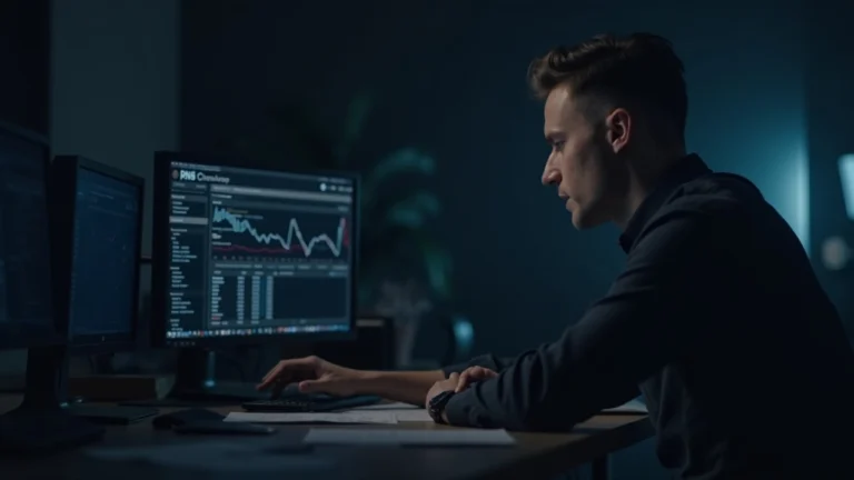 Editorial portrait of a financial analyst at a desk; monitor displays tokenized assets interface and stock tickers.