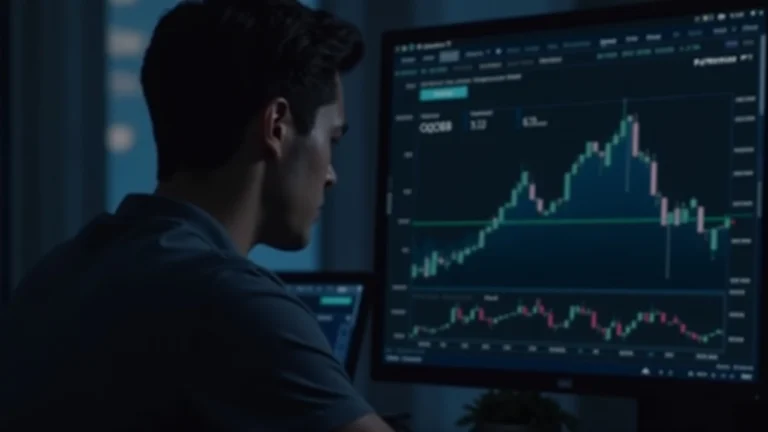 Analyst at desk reviewing QQQB/USDT tokenized stock pair on BNB Chain with rising trend and PancakeSwap branding.