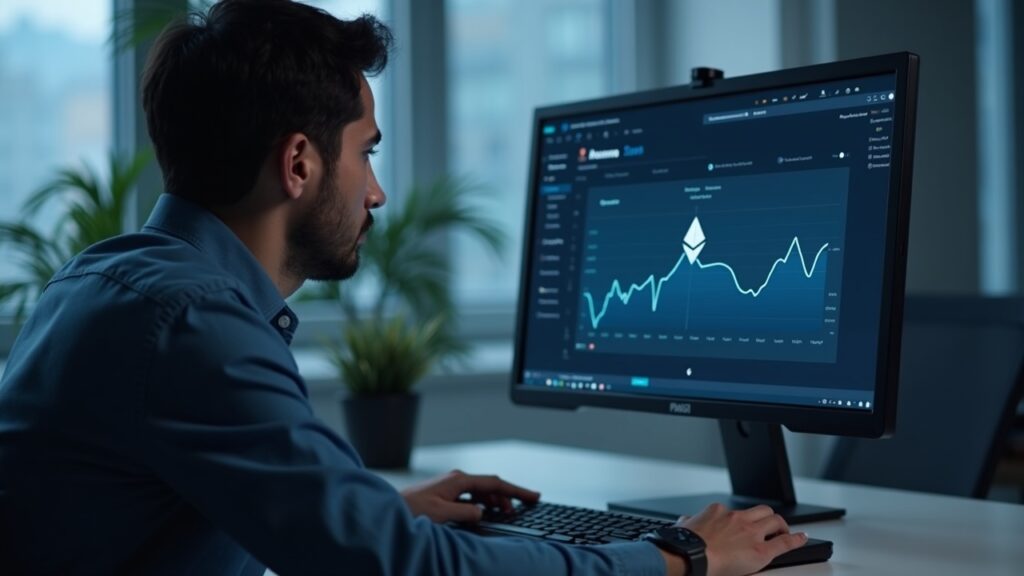 Cybersecurity engineer at a clean desk viewing a blockchain attestation dashboard with a quantum-safe shield.