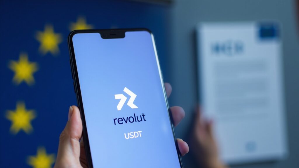 Editorial shot of Revolut app screen showing USDT removal, with EU flag and MiCA regulation document in the background