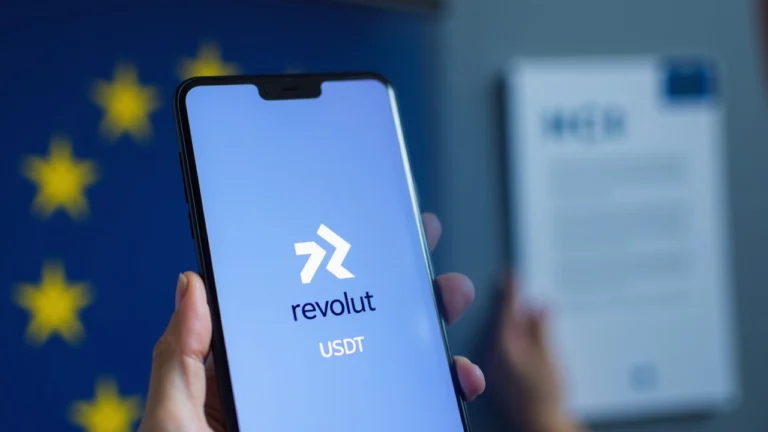 Editorial shot of Revolut app screen showing USDT removal, with EU flag and MiCA regulation document in the background