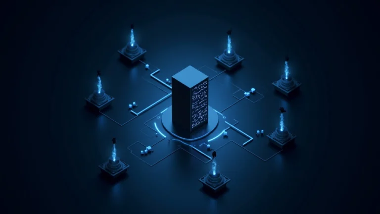 Server rack with AI interface and node silhouettes linked to a central orchestrator, symbolizing on-chain AI and Symphony