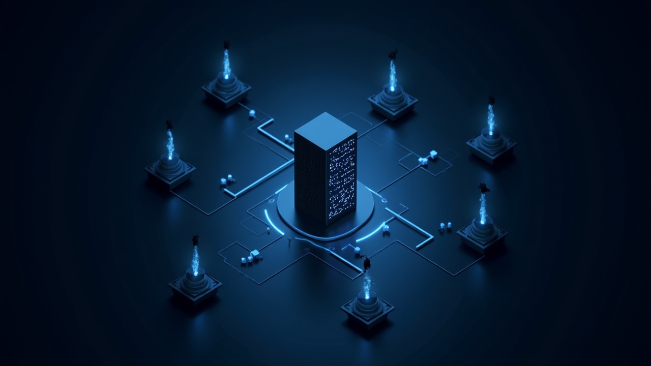 Server rack with AI interface and node silhouettes linked to a central orchestrator, symbolizing on-chain AI and Symphony