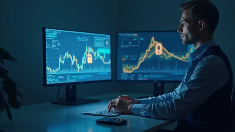 Security analyst at a clean desk, two monitors display cross-chain bridges and a lock icon.