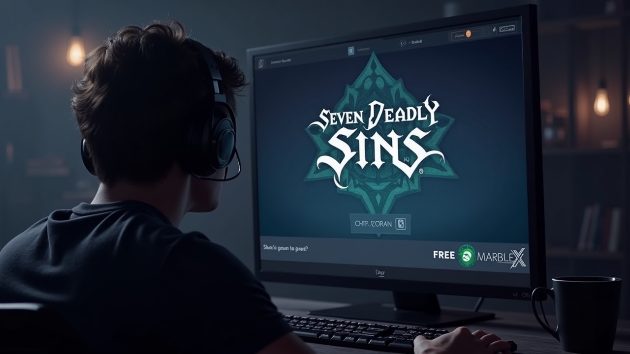 Gamer in a newsroom watches a screen with Seven Deadly Sins logo, quest progress, MarbleX branding and Free Mint badge.