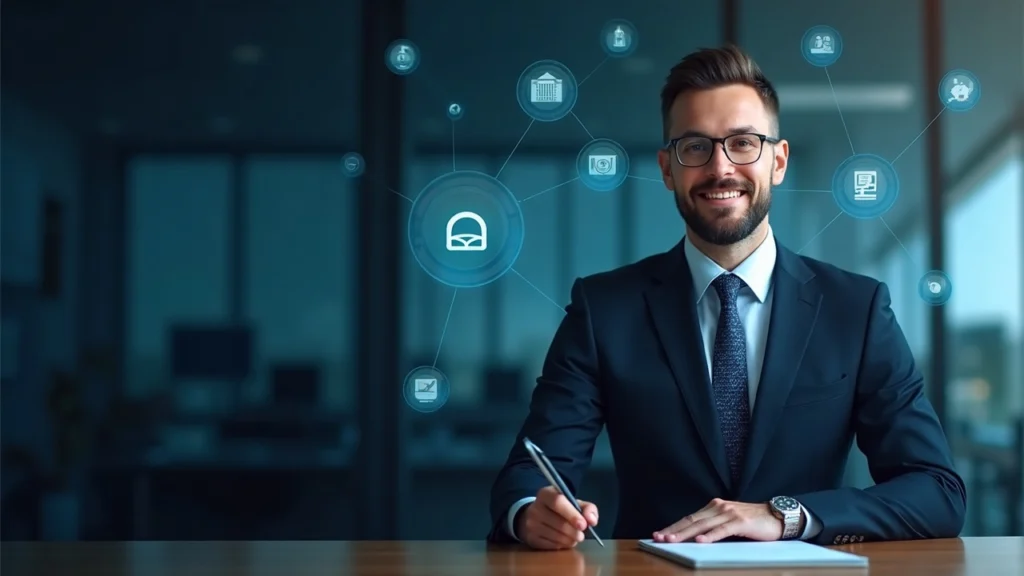 Editorial portrait of a cybersecurity expert at a desk with newsroom backdrop and blockchain/AI security icons overlay.