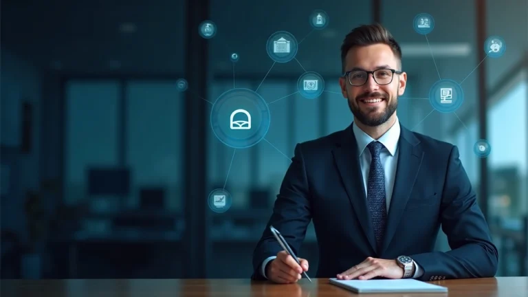 Editorial portrait of a cybersecurity expert at a desk with newsroom backdrop and blockchain/AI security icons overlay.