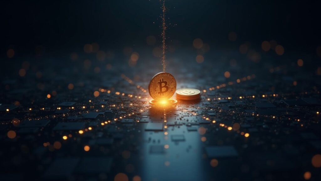 Solana network at center as USDC coins flow into a digital ledger, with subtle Circle branding and newsroom lighting