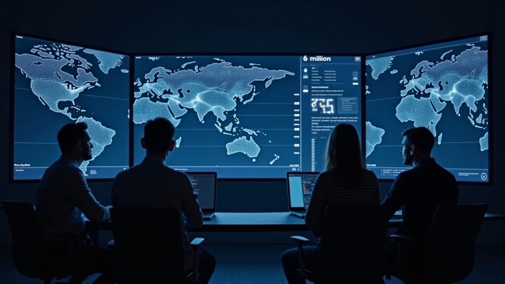 Newsroom with monitor displaying a 6-million TPS graph, Sui logo, and engineers observing AI agents via programmable tunnels.