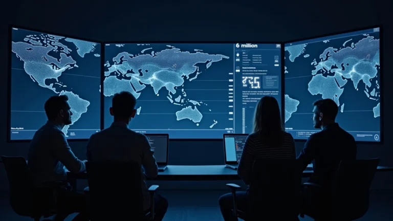 Newsroom with monitor displaying a 6-million TPS graph, Sui logo, and engineers observing AI agents via programmable tunnels.