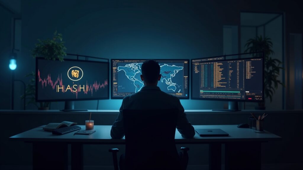 Crypto analyst at newsroom desk; monitor displays a BTC bridge concept with Hashi branding, signaling an imminent testnet.