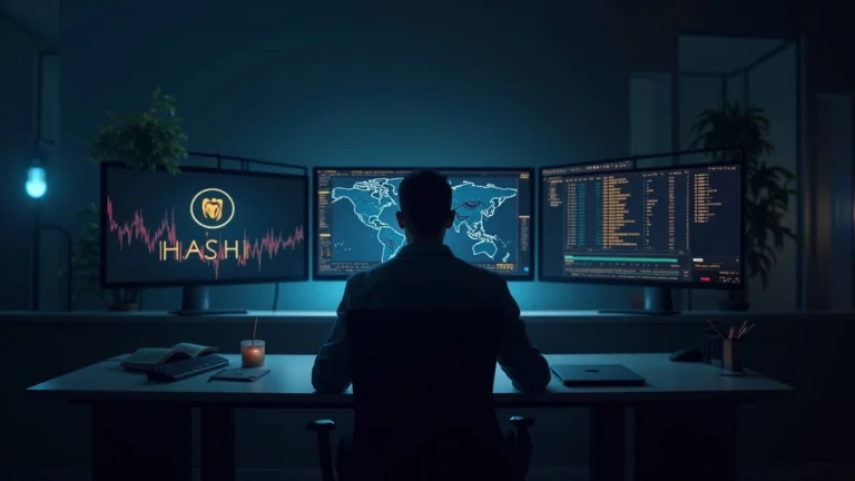 Crypto analyst at newsroom desk; monitor displays a BTC bridge concept with Hashi branding, signaling an imminent testnet.