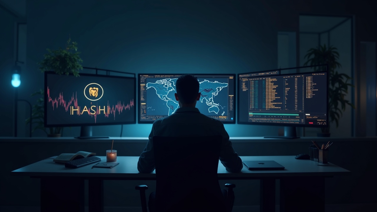 Crypto analyst at newsroom desk; monitor displays a BTC bridge concept with Hashi branding, signaling an imminent testnet.
