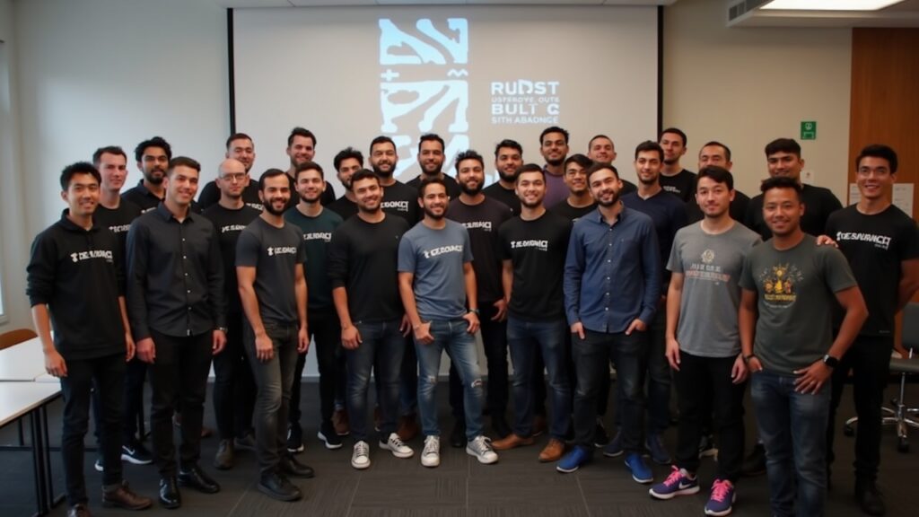 Editorial photo of a diverse group of Tezos artists and builders at TezCon, a community-built in-person meetup.