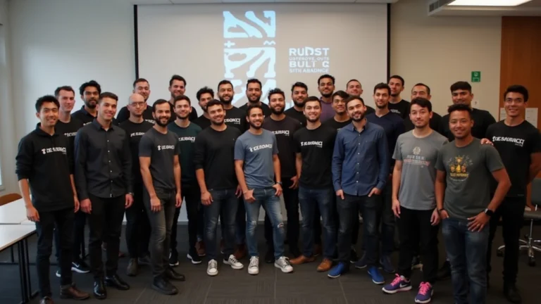 Editorial photo of a diverse group of Tezos artists and builders at TezCon, a community-built in-person meetup.