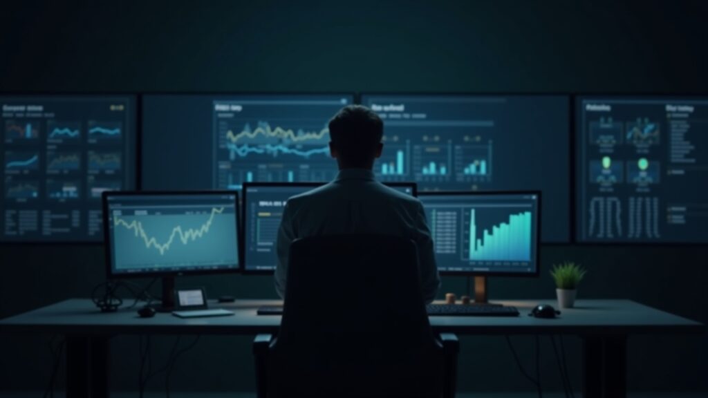 Editorial scene: financial analyst at a desk with RWA dashboards and tokenized asset icons on screens.